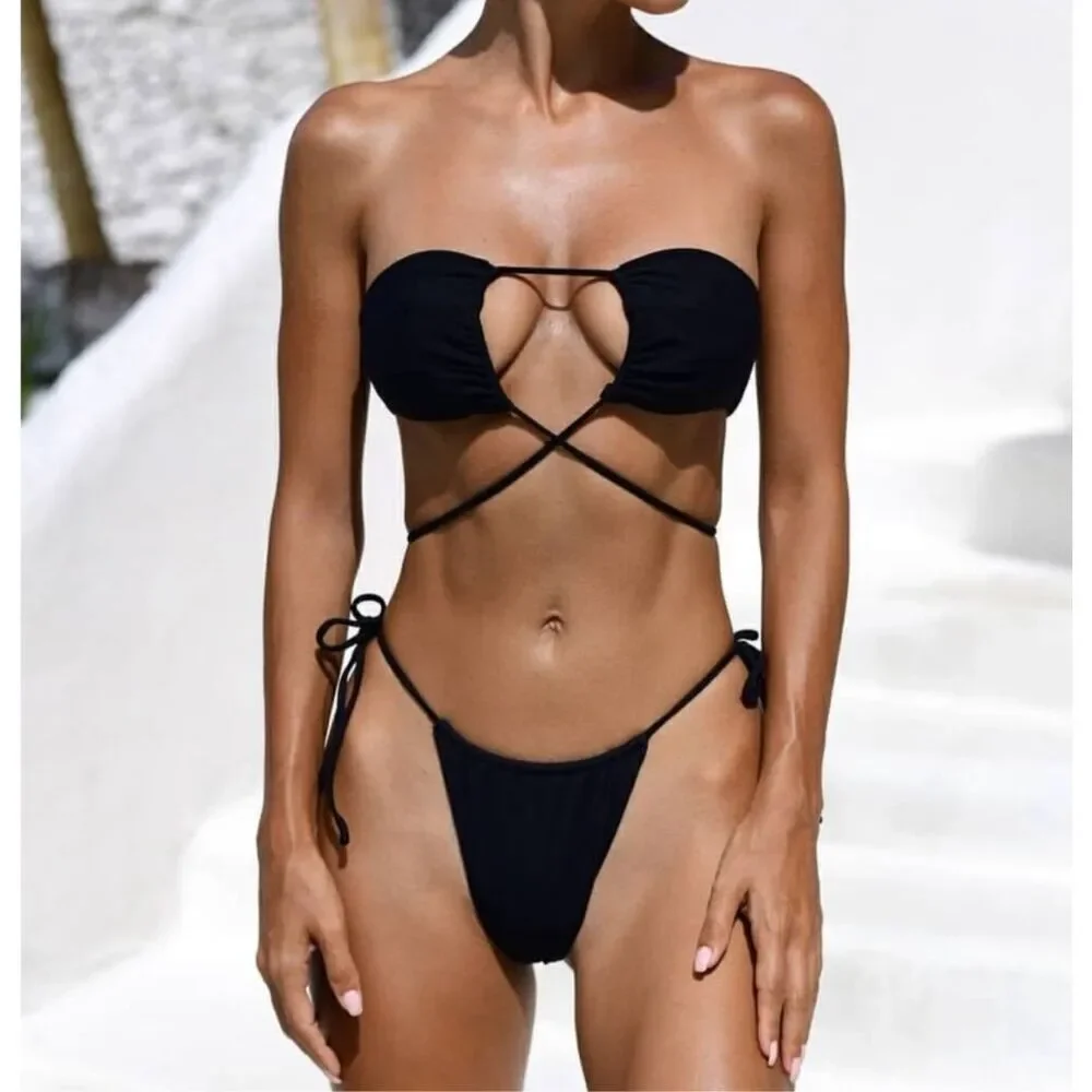 Monica Hansen Bond Girl Halter Bikini Top Black Metallic Nwt Size Small